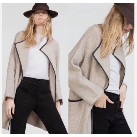 Zara Sweaters - Zara Knit Cardigan Sweater Jacket women’s size M faux leather trim w pockets OF